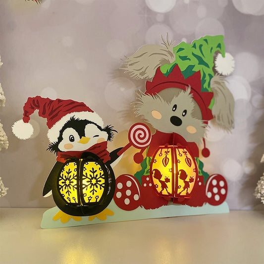 Dog And Penguin Christmas - 3D Christmas Paper Cut Lantern File - Cricut File - VEKTOR KRAFT
