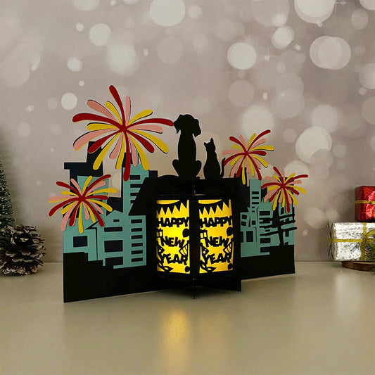 Happy New Year Fireworks - 3D New Year Paper Cut Lantern File - Cricut File - VEKTOR KRAFT