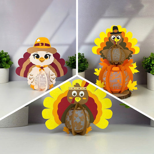 Pack 3 Turkey - 3D Thanksgiving Paper Lantern File - Cricut File - VEKTOR KRAFT