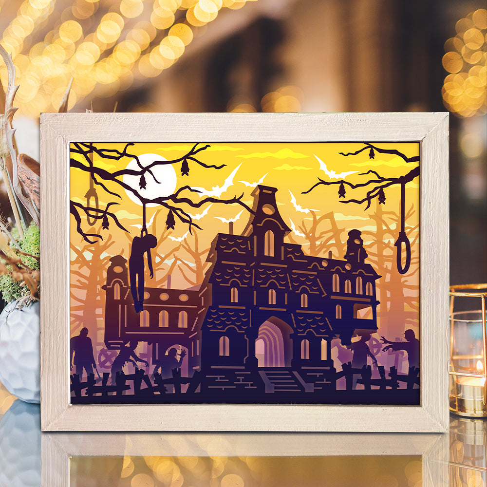 Haunted castle Halloween paper cut light box