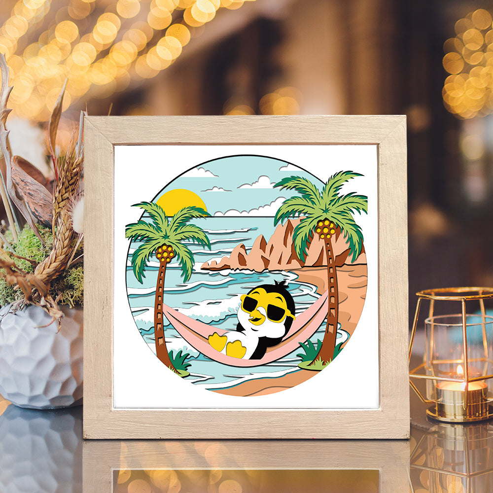 Penguin on the Beach – 3D Animal Paper Cut Shadow Box File - Cricut File - (8x8 inches) - VEKTOR KRAFT