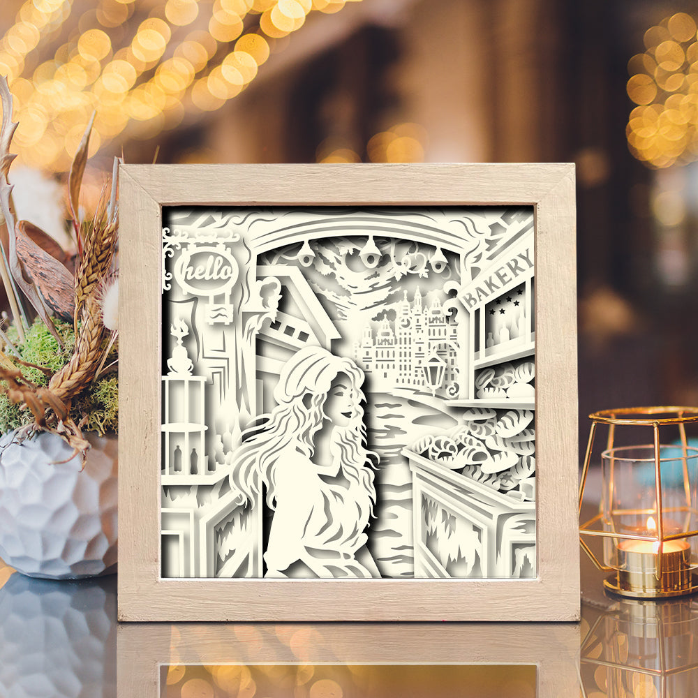 The Girl And The Bakery – 3D Paper Cut Shadow Box File - Cricut File - (8x8 inches) - VEKTOR KRAFT