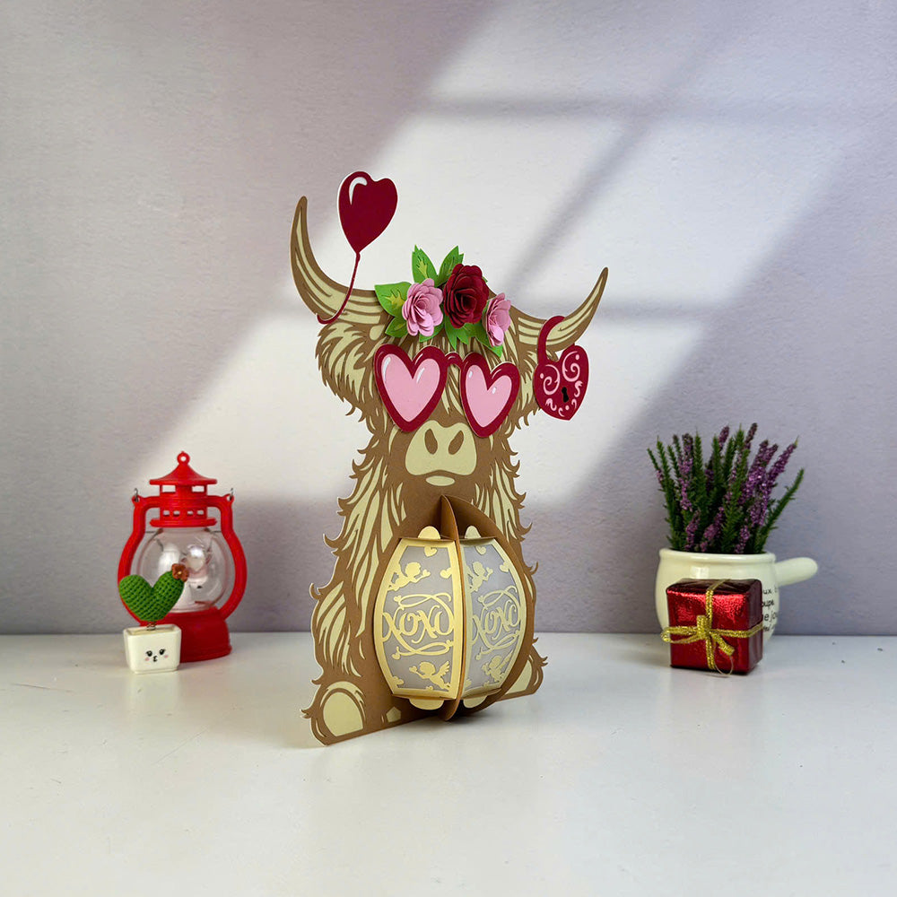 Highland Cow Valentine - 3D Valentine Paper Lantern File  - Cricut File  - VEKTOR KRAFT