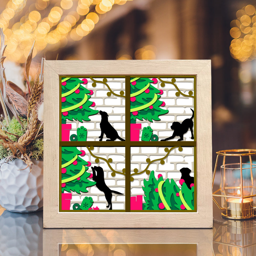 Dog Knock Over Christmas Tree – 3D Christmas Paper Cut Shadow Box File - Cricut File - (8x8 inches) - VEKTOR KRAFT
