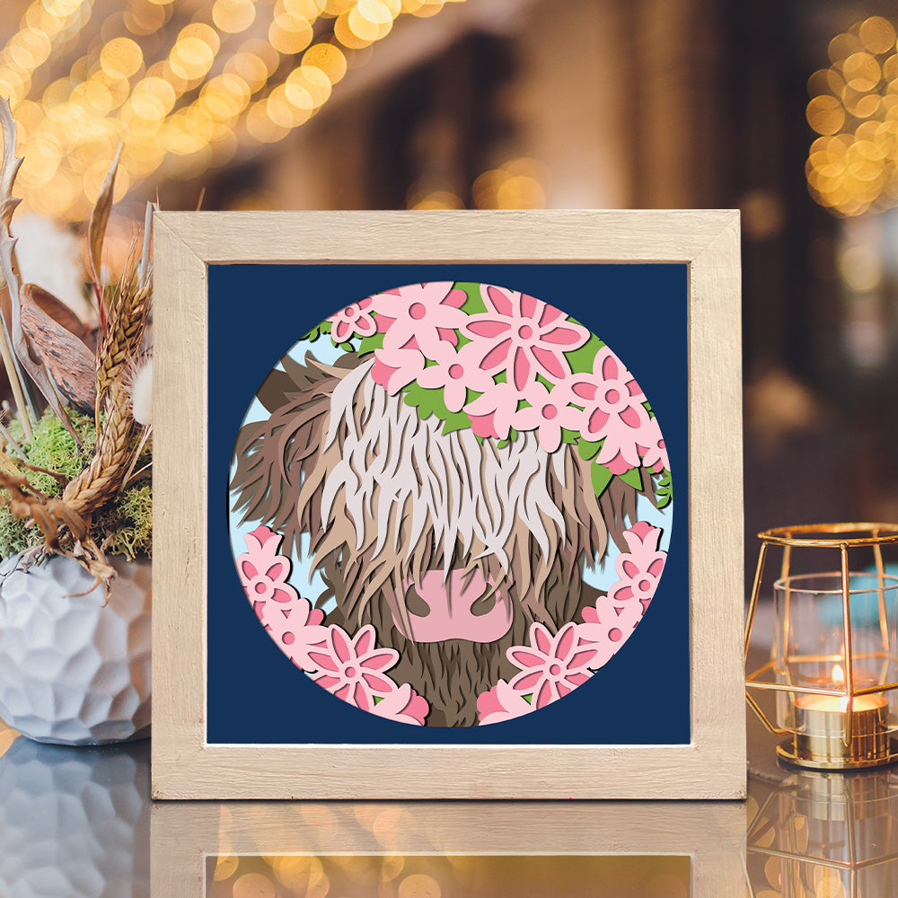 Flower Highland Cow – 3D Shadow Box SVG File for Cricut & Silhouette