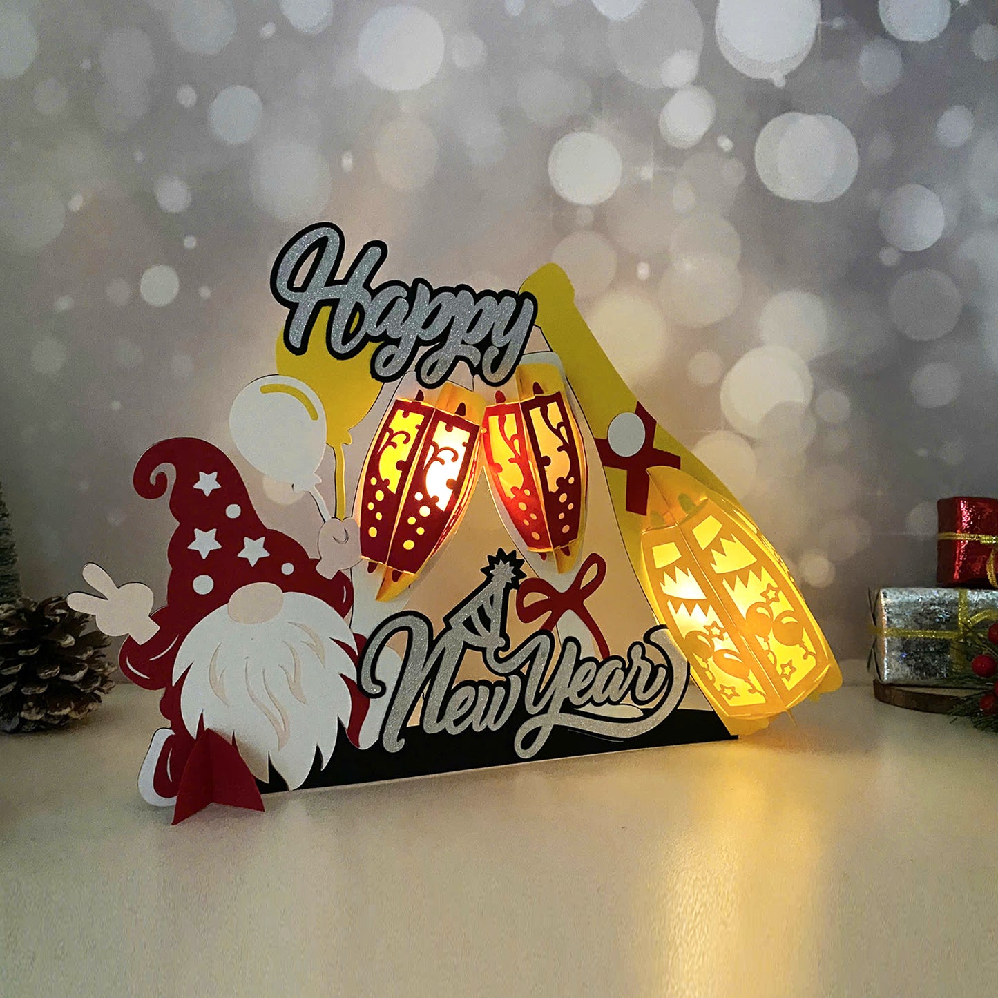 Gnome Champagne - 3D New Year Paper Cut Lantern File  - Cricut File  - VEKTOR KRAFT