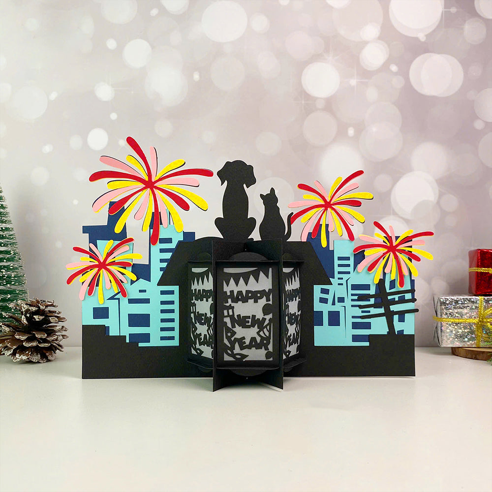 Happy New Year Fireworks - 3D New Year Paper Cut Lantern File  - Cricut File  - VEKTOR KRAFT